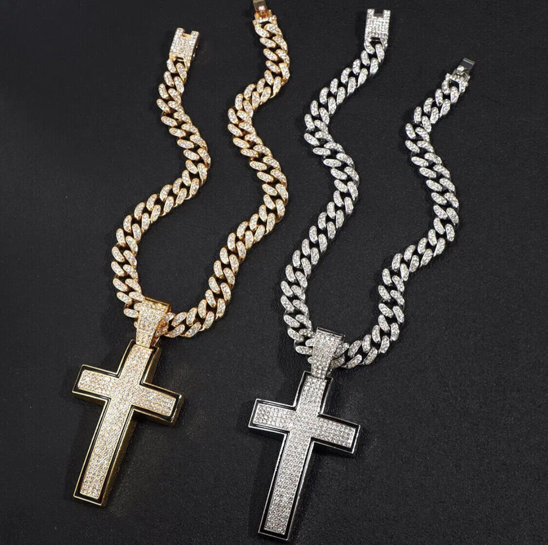 18K Gold Plated Huge Iced CZ Bling Out Open Cross Necklace Cuban Link Chain  30